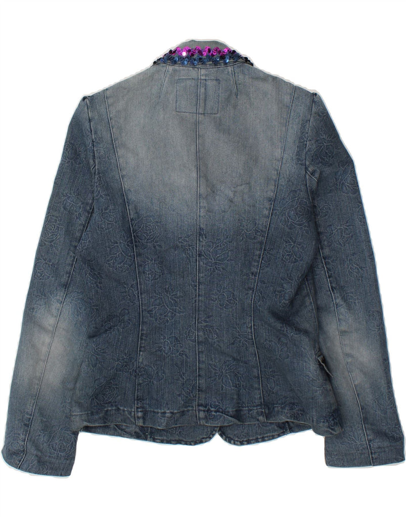 GUESS Womens Denim 3 Button Blazer Jacket UK 14 Large Blue Floral Cotton Vintage Guess and Second-Hand Guess from Messina Hembry 