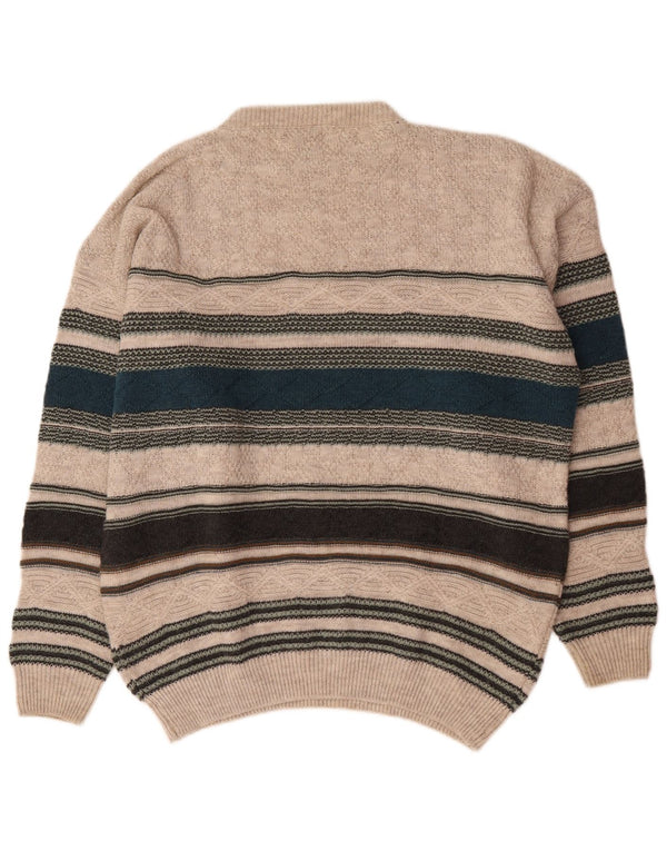 Iceland Mens Crew Neck Jumper Sweater Large Beige Striped Wool
