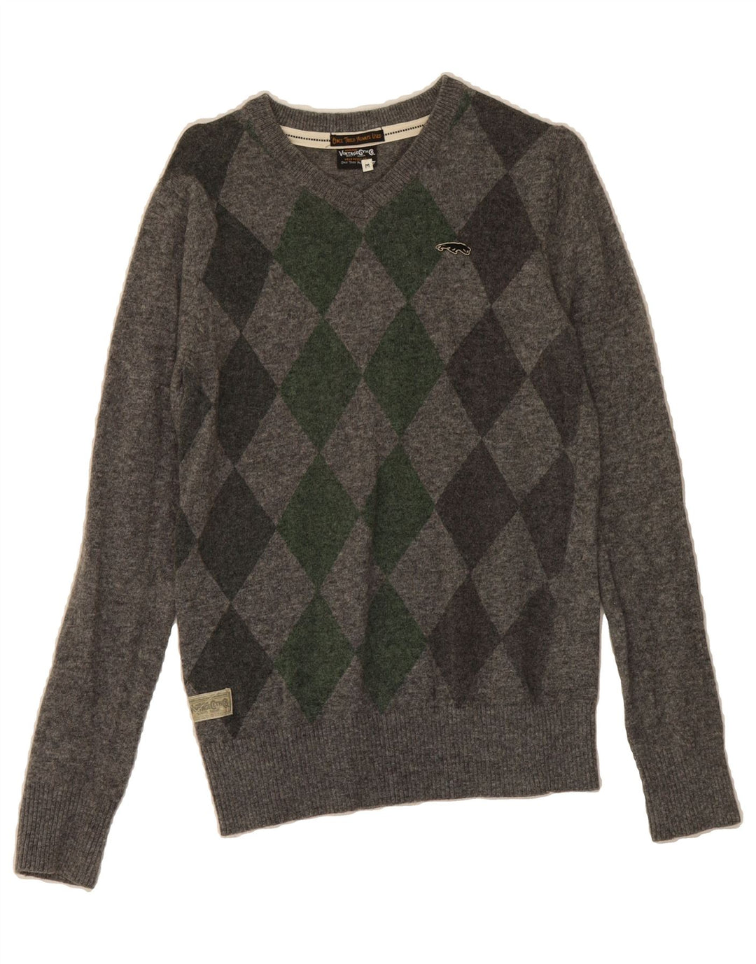 JACK & JONES Mens V-Neck Jumper Sweater Medium Grey Argyle/Diamond Wool Vintage Jack & Jones and Second-Hand Jack & Jones from Messina Hembry 