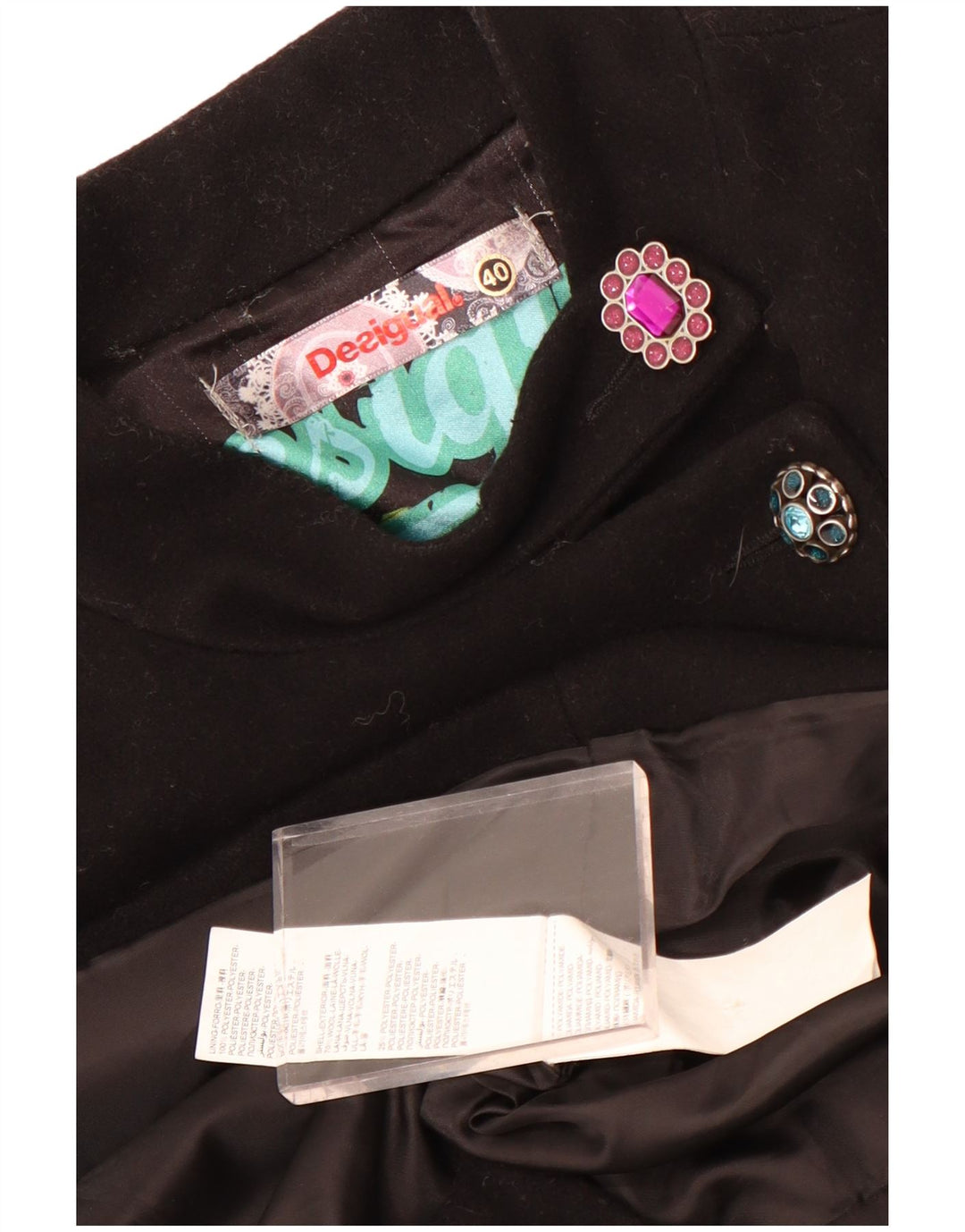 Desigual Womens Graphic Overcoat EU 40 Medium Black Geometric Wool