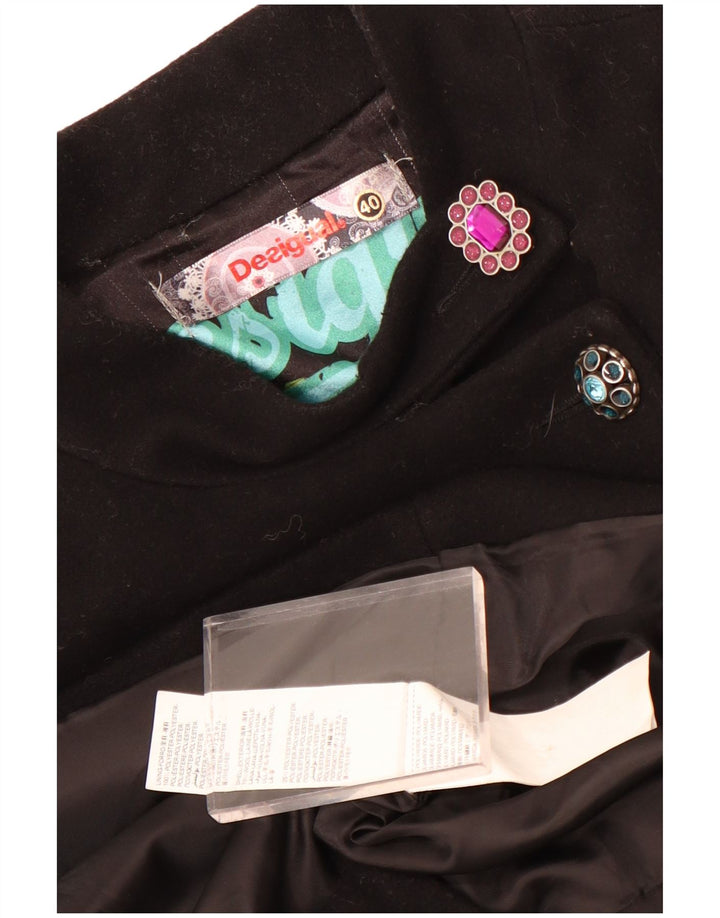 Desigual Womens Graphic Overcoat EU 40 Medium Black Geometric Wool