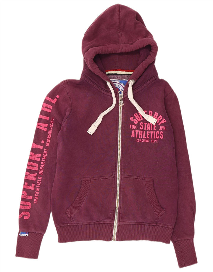 Superdry Womens Graphic Zip Hoodie Sweater UK 14 Medium Maroon Cotton