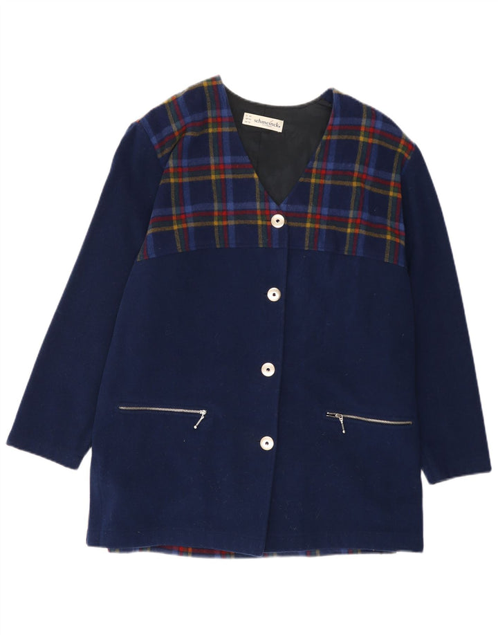 SCHMEINCK  Womens Overcoat UK 16 Large Navy Blue Check Wool