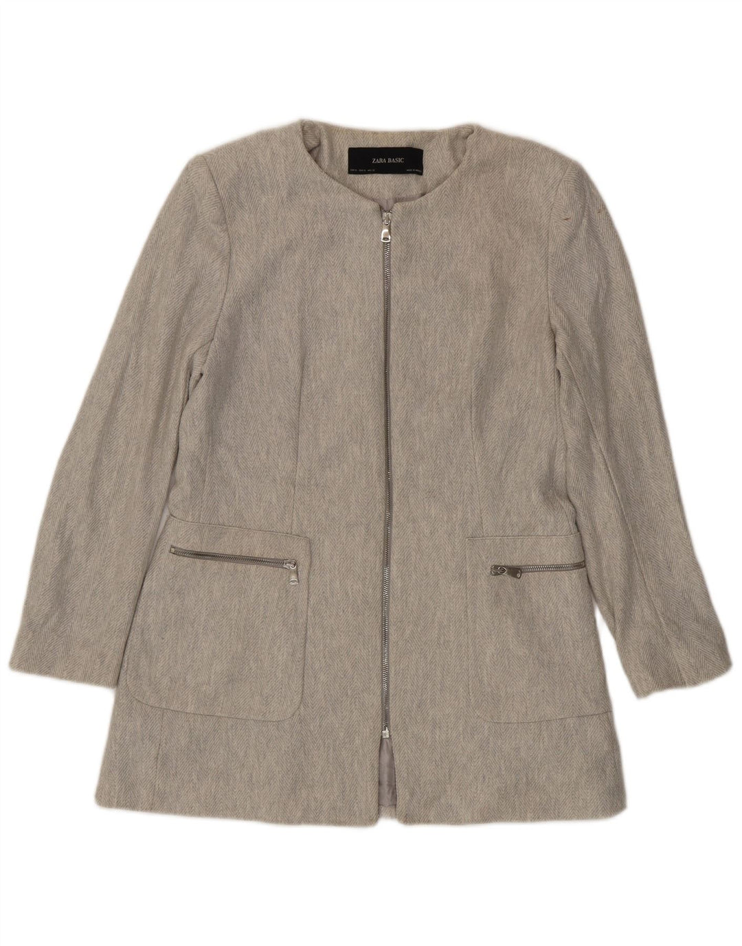 Zara Womens Full Zip Blazer Jacket UK 18 XL Grey Herringbone Cotton