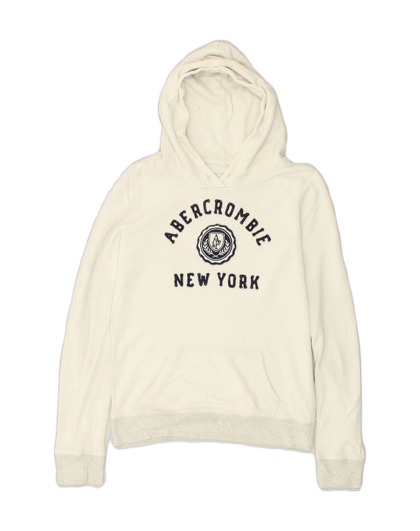 ABERCROMBIE FITCH Womens Graphic Hoodie Jumper UK 8 Small Off White Vintage Second Hand Clothing Online Messina Hembry