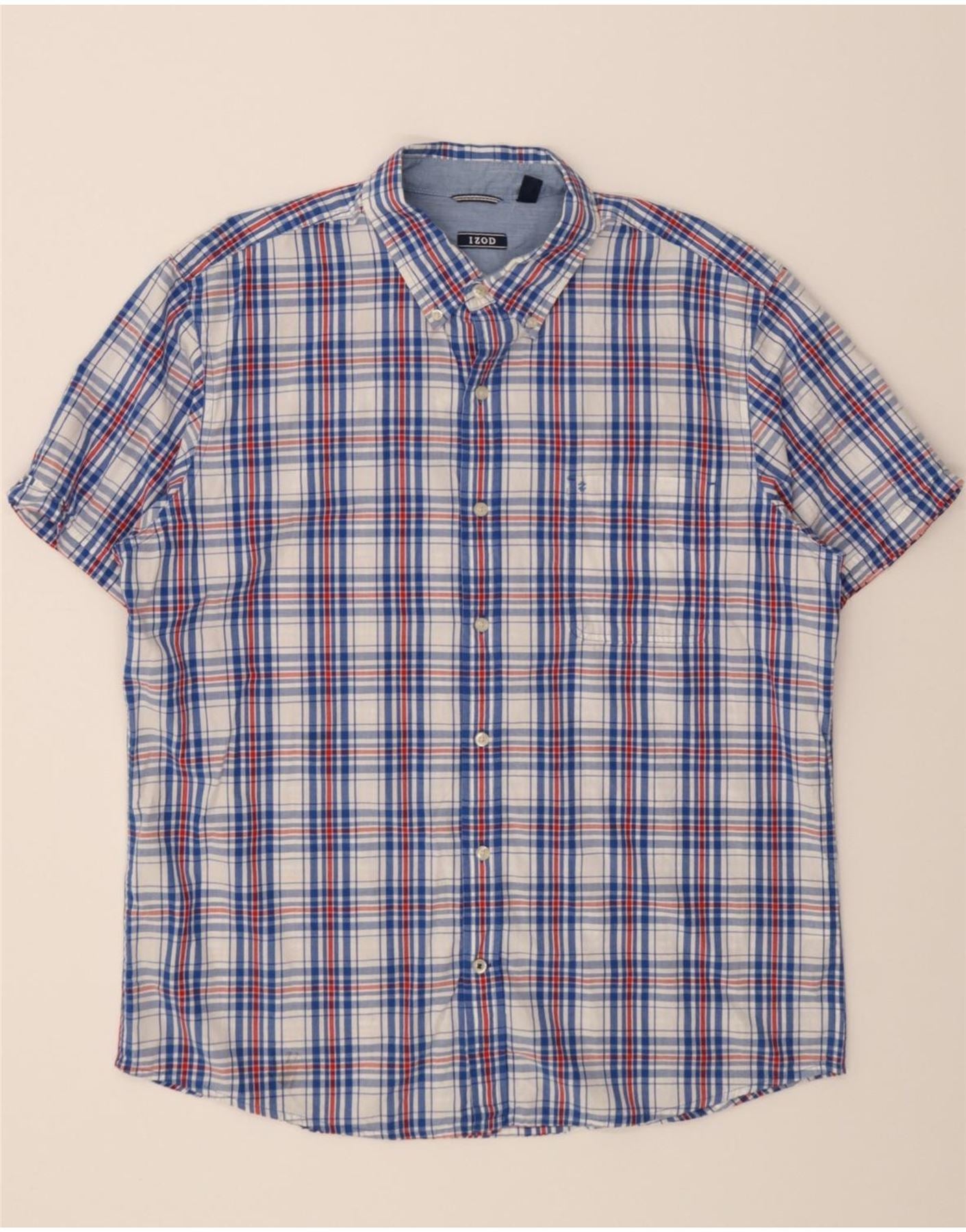 IZOD Mens Big Tall Short Sleeve Shirt XL Blue Check Cotton