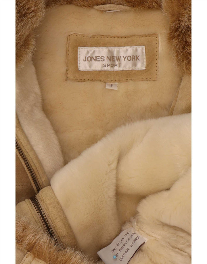 Jones New York Womens Shearling Jacket UK 10 Small Beige Leather