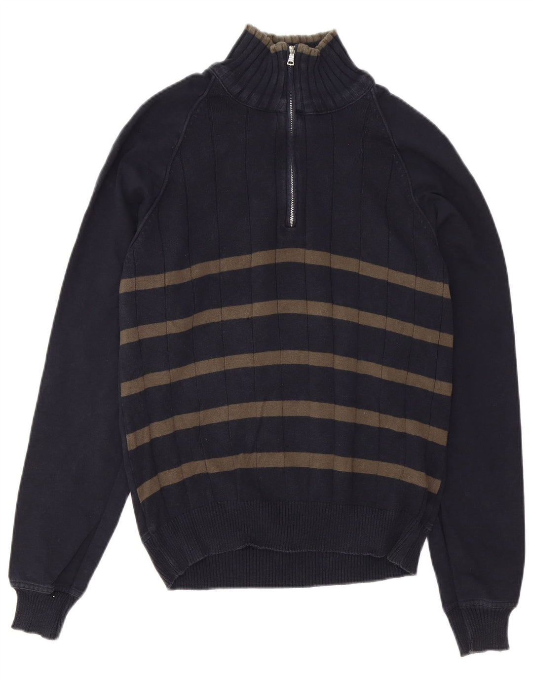 Zara Mens Zip Neck Jumper Sweater Medium Navy Blue Striped