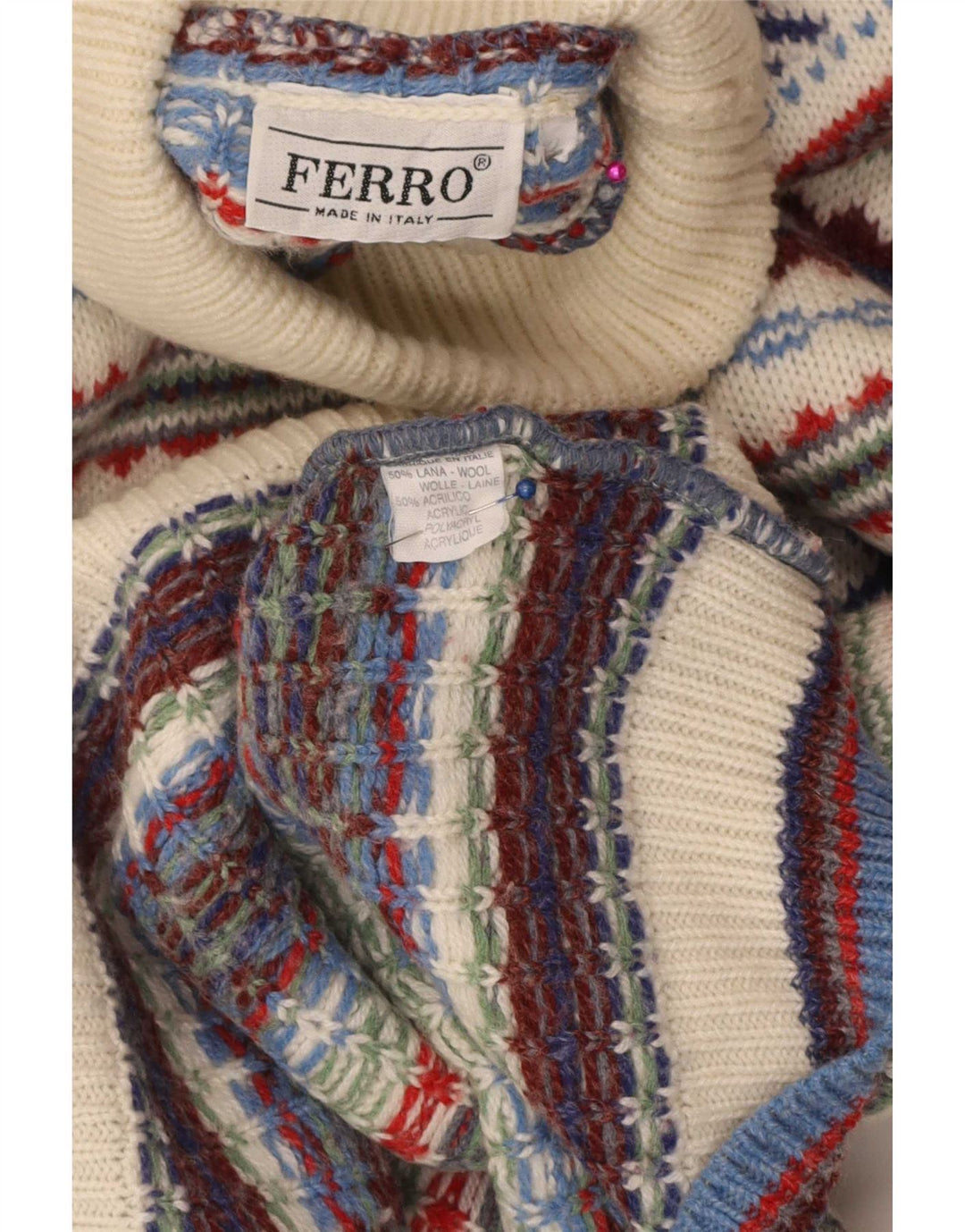 Ferro Mens Roll Neck Jumper Sweater XL Multicoloured Fair Isle Wool