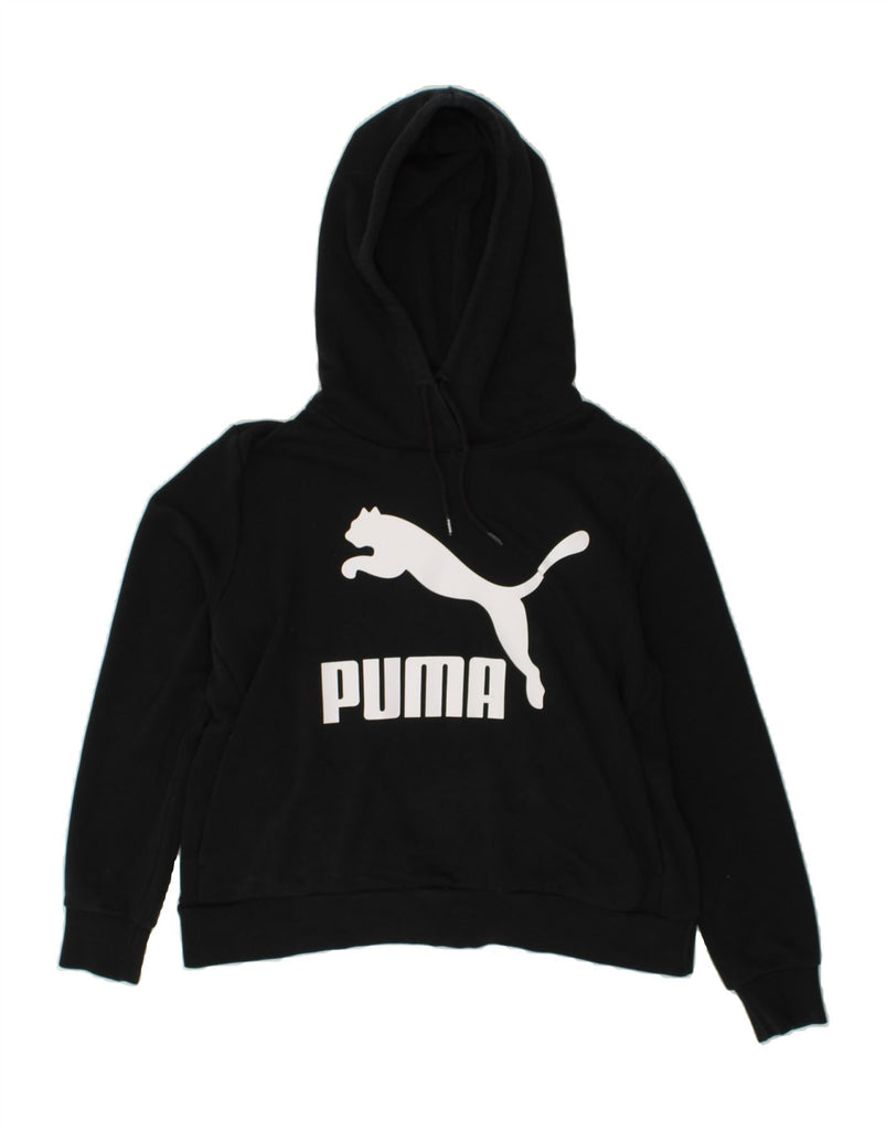 PUMA Womens Graphic Hoodie Jumper UK 14 Medium Black Cotton | Vintage Puma | Thrift | Second-Hand Puma | Used Clothing | Messina Hembry 