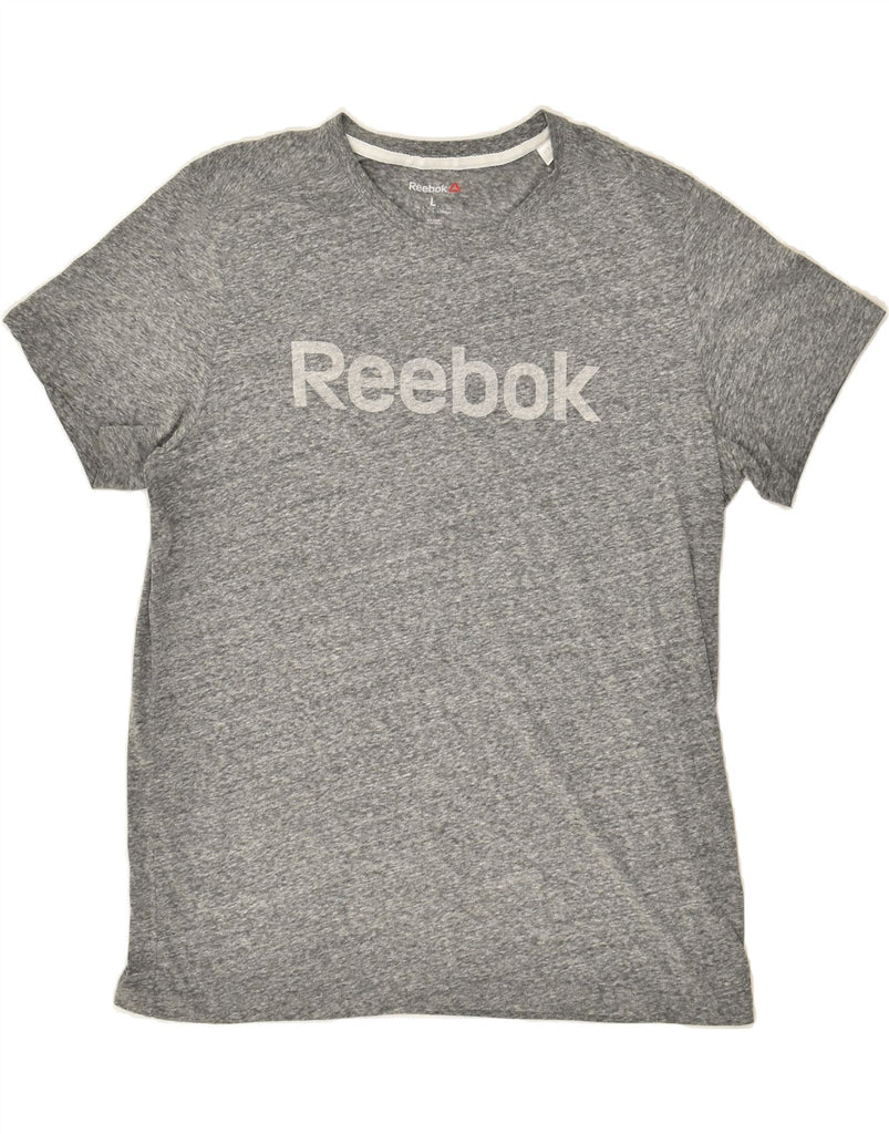 REEBOK Womens Graphic T-Shirt Top UK 16 Large Grey Flecked Cotton | Vintage Reebok | Thrift | Second-Hand Reebok | Used Clothing | Messina Hembry 