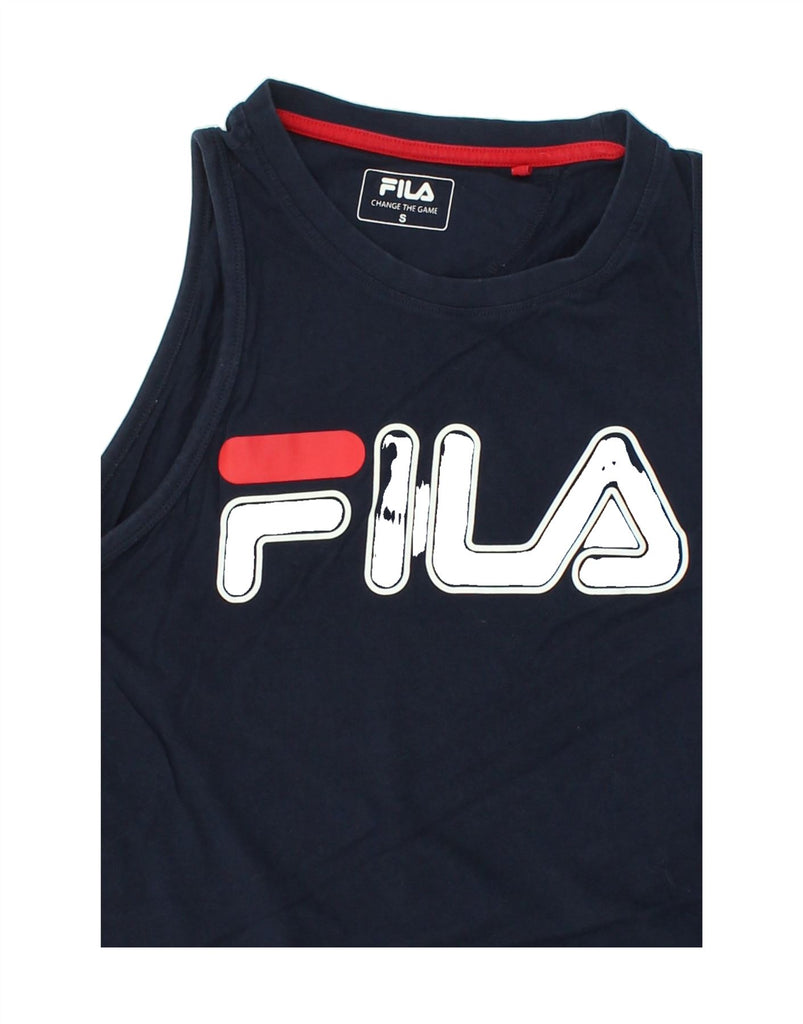 FILA Womens Graphic Vest Top UK 10 Small Navy Blue Cotton | Vintage Fila | Thrift | Second-Hand Fila | Used Clothing | Messina Hembry 