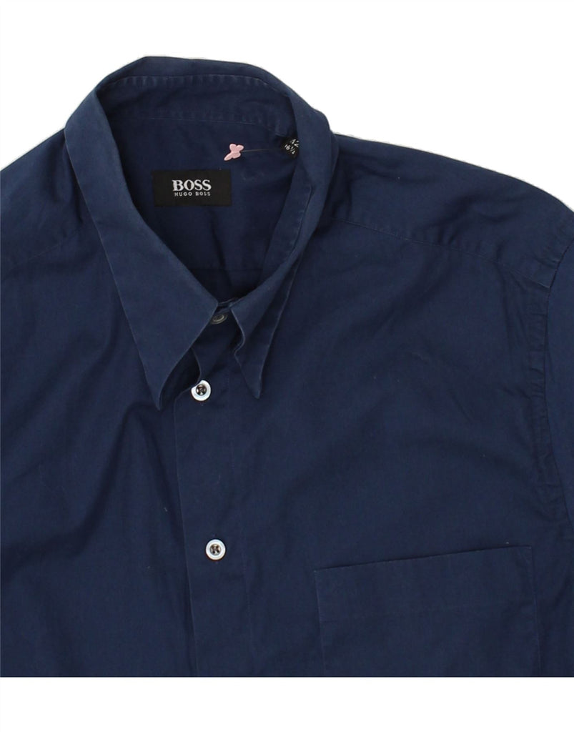 HUGO BOSS Mens Short Sleeve Shirt Size 16 1/2 Large Navy Blue Cotton | Vintage Hugo Boss | Thrift | Second-Hand Hugo Boss | Used Clothing | Messina Hembry 