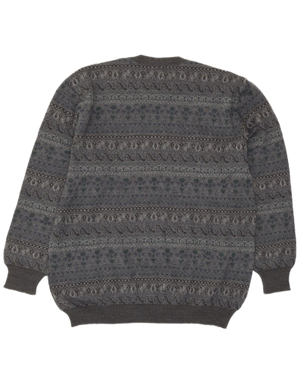 Rinaldi Mens Crew Neck Jumper Sweater Large Grey Fair Isle Wool