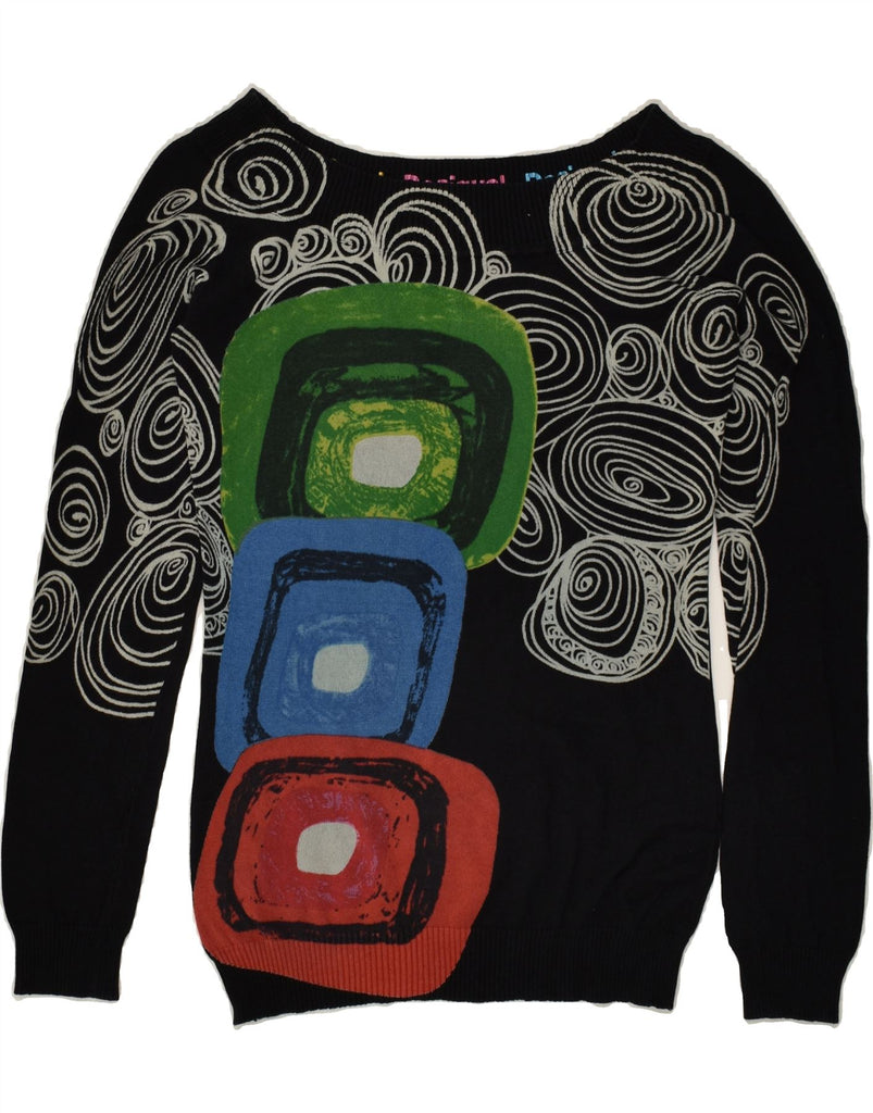 DESIGUAL Womens Boat Neck Jumper Sweater UK 12 Medium Black Patchwork | Vintage Desigual | Thrift | Second-Hand Desigual | Used Clothing | Messina Hembry 