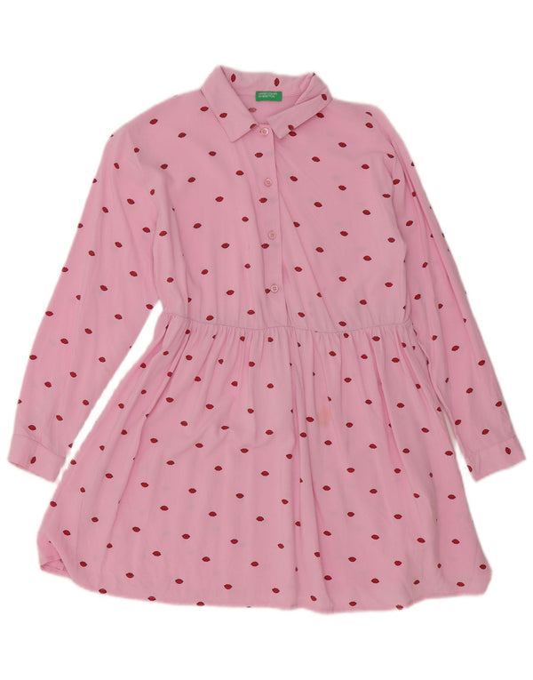 Benetton Womens Abstract Pattern Long Sleeve A-Line Dress UK 10 Small Pink