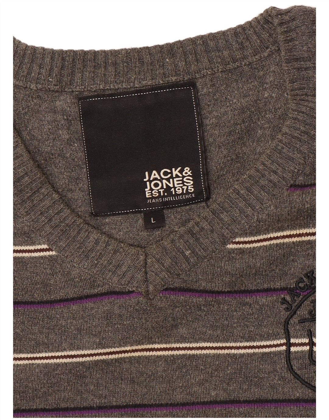 Jack & Jones Mens Graphic V-Neck Jumper Sweater Large Grey Striped