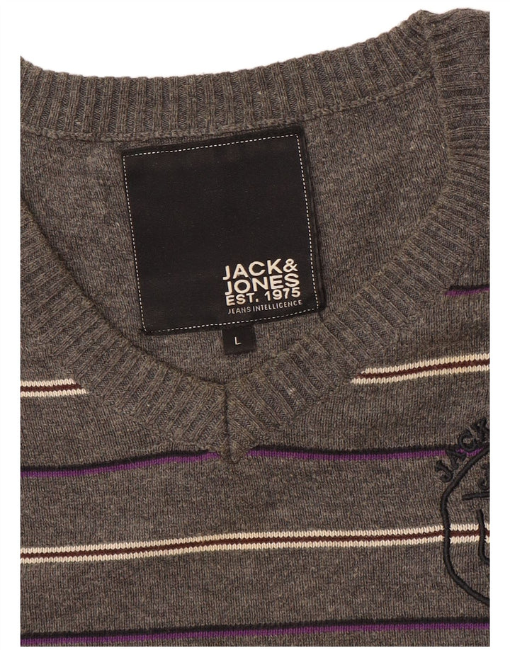 Jack & Jones Mens Graphic V-Neck Jumper Sweater Large Grey Striped