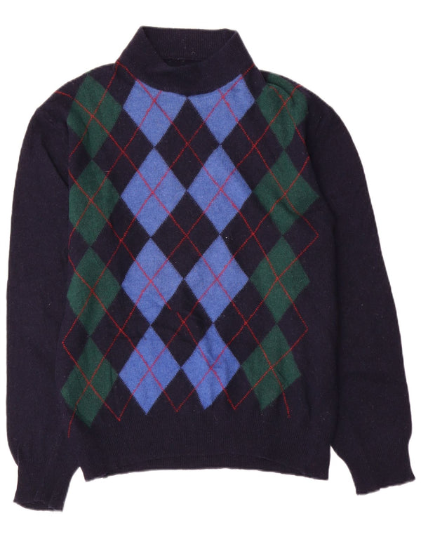 Vintage Mens Turtle Neck Jumper Sweater Medium Navy Blue Argyle/Diamond