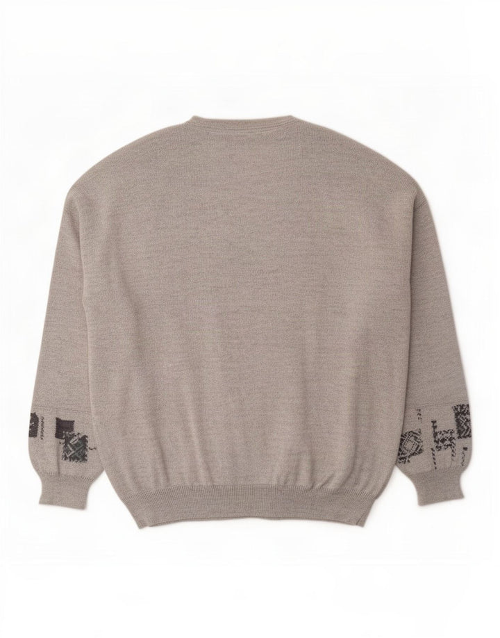 Bueckle Mens V-Neck Jumper Sweater EU 60 5XL Grey Geometric Virgin Wool