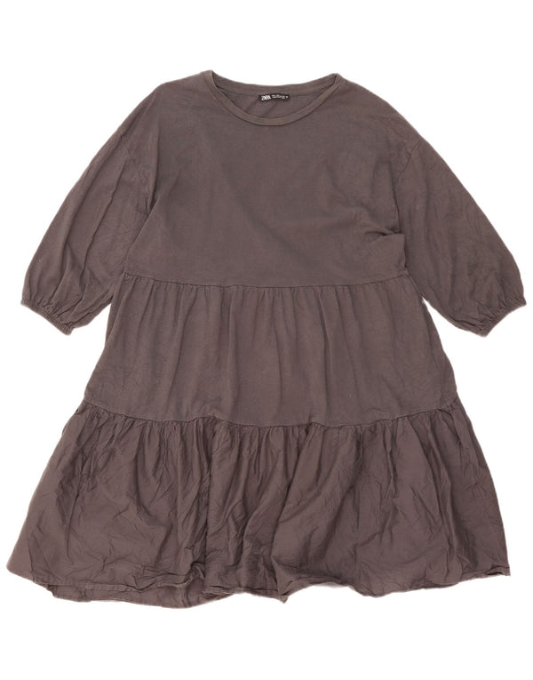 Zara Womens 3/4 Sleeve Tiered Dress UK 16 Large Grey Cotton