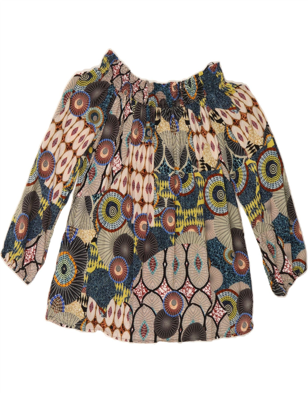 DESIGUAL Womens Abstract Pattern Blouse Top UK 6 XS Beige Geometric Vintage Desigual and Second-Hand Desigual from Messina Hembry 