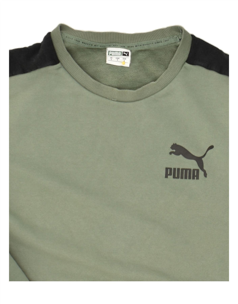 PUMA Mens Sweatshirt Jumper Small Khaki Colourblock | Vintage Puma | Thrift | Second-Hand Puma | Used Clothing | Messina Hembry 