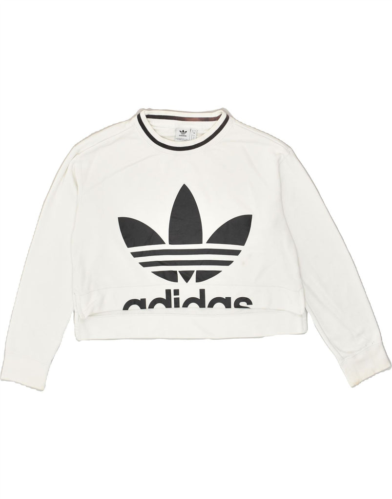 ADIDAS Womens Crop Graphic Sweatshirt Jumper UK 8 Small  White Cotton | Vintage Adidas | Thrift | Second-Hand Adidas | Used Clothing | Messina Hembry 