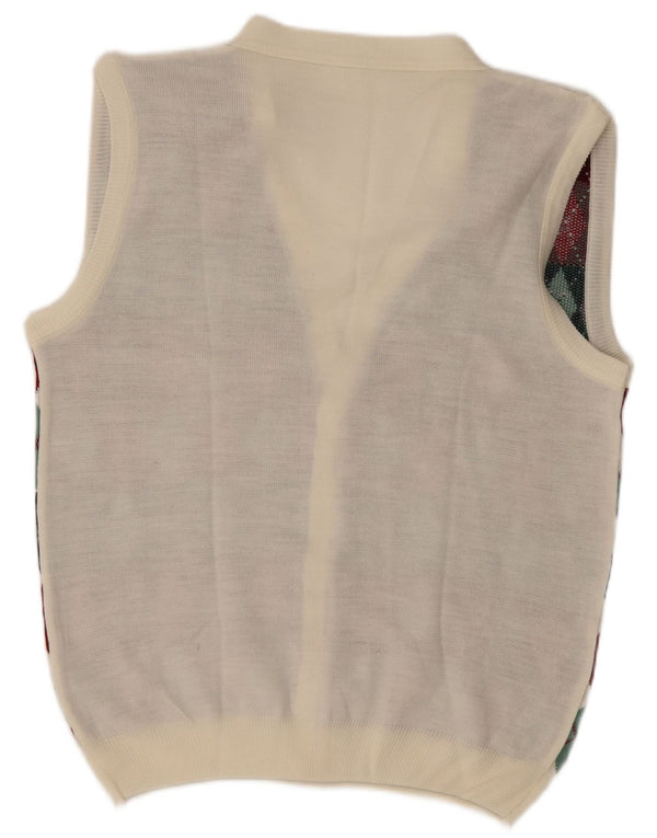 Vintage Mens Sleeveless Cardigan Sweater Large White Argyle/Diamond