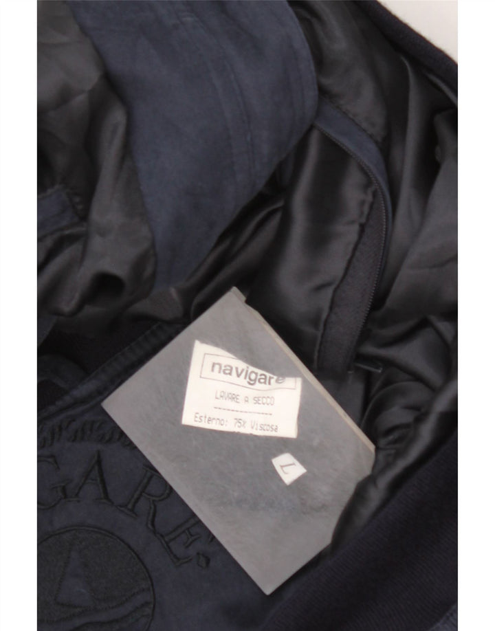 NAVIGARE Mens Bomber Jacket UK 40 Large Navy Blue Viscose