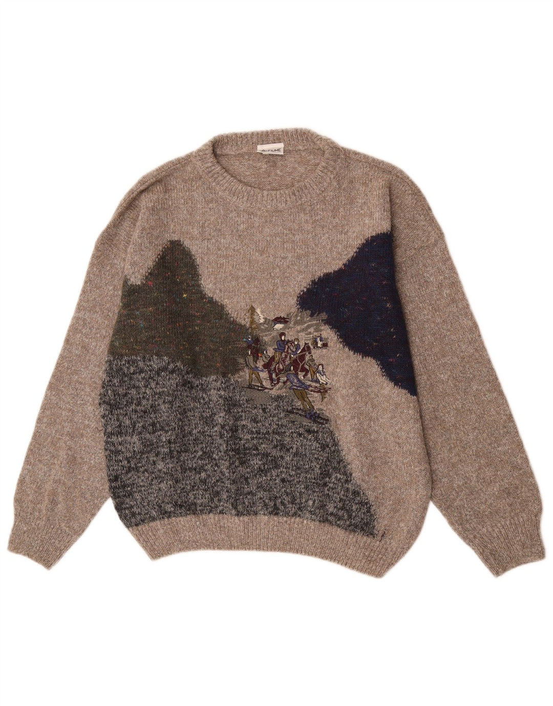 Fiume Mens Graphic Crew Neck Jumper Sweater IT 52 Large Brown Colourblock