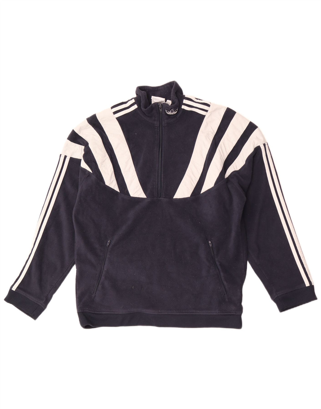 ADIDAS Mens Zip Neck Fleece Jumper Large Navy Blue Colourblock Polyester