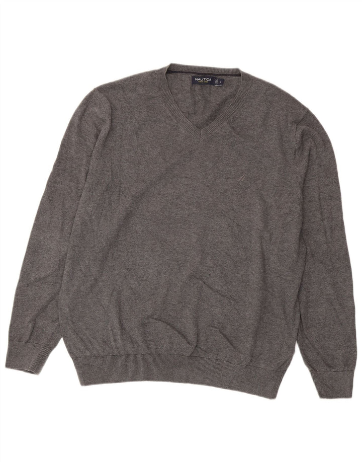Nautica Mens V-Neck Jumper Sweater Large Grey Cotton
