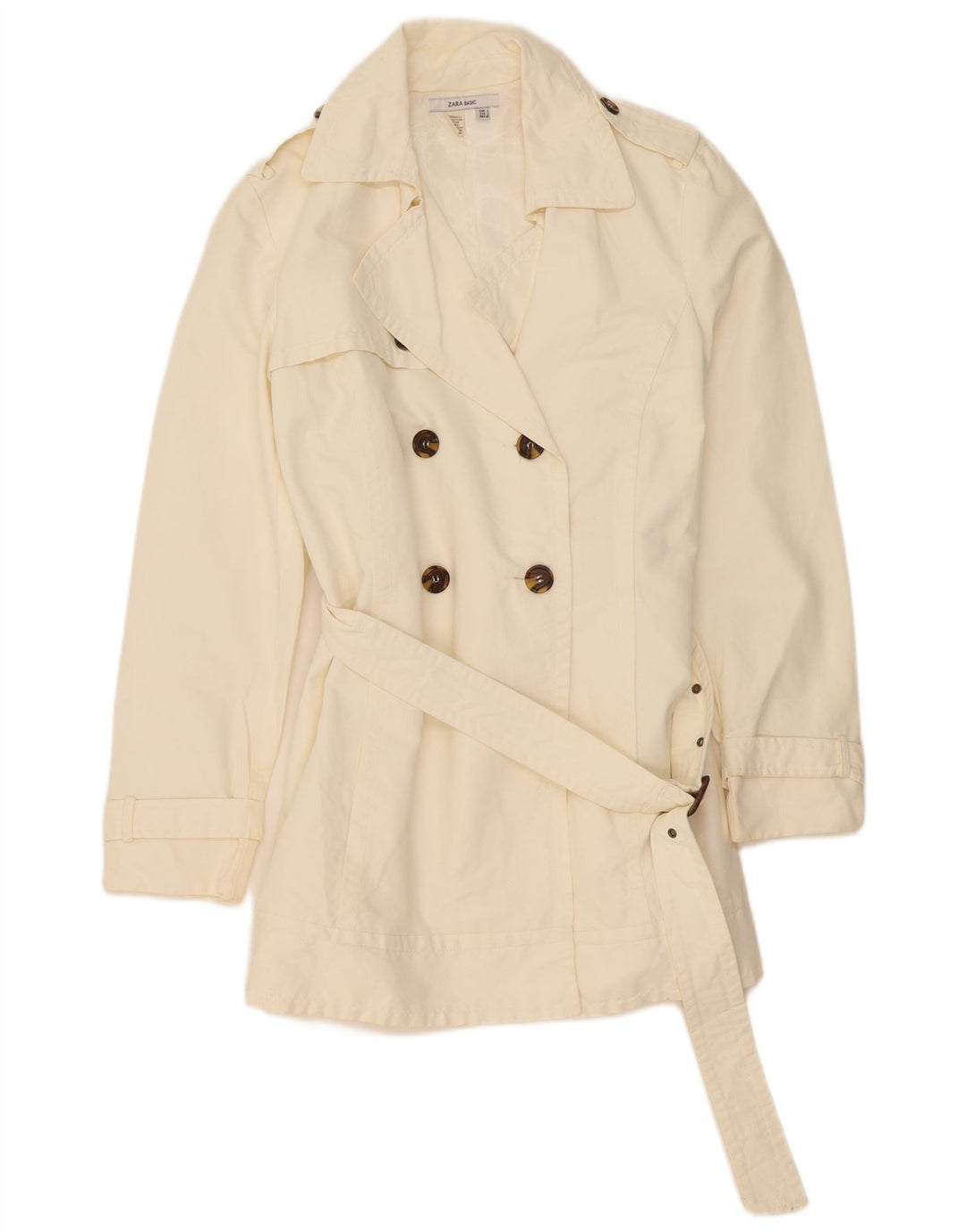 Zara Womens Double Breasted Trench Coat UK 14 Large Off White Cotton