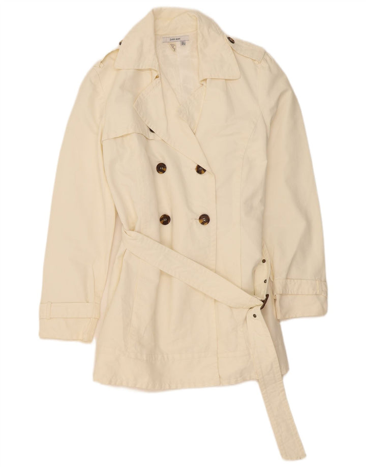 Zara Womens Double Breasted Trench Coat UK 14 Large Off White Cotton