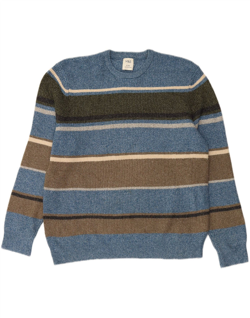 MARKS & SPENCER Mens Crew Neck Jumper Sweater XL Blue Striped Polyamide Vintage Marks & Spencer and Second-Hand Marks & Spencer from Messina Hembry 