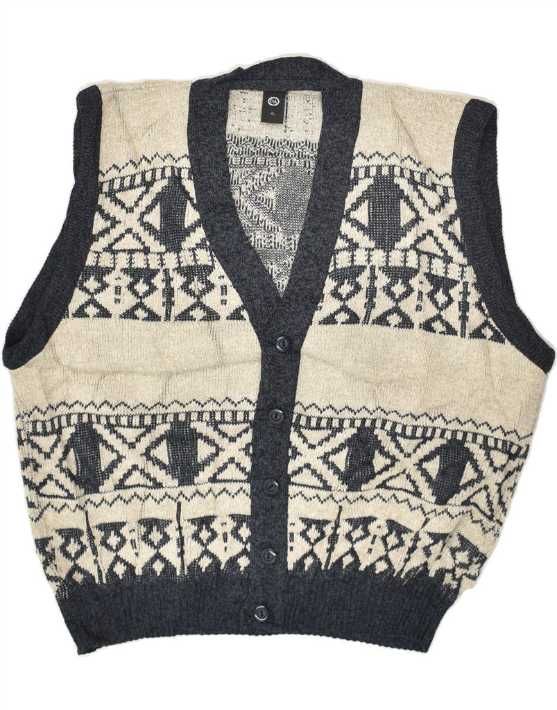C&A Mens Sleeveless Cardigan Sweater XL Beige Fair Isle Acrylic | Vintage C&A | Thrift | Second-Hand C&A | Used Clothing | Messina Hembry 