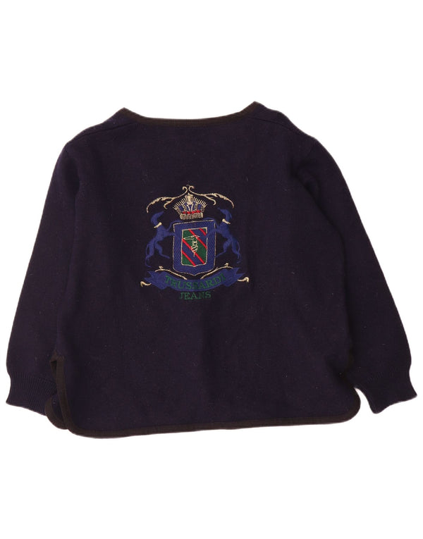 Trussardi Jeans Womens Graphic Cardigan Sweater UK 16 Large Navy Blue