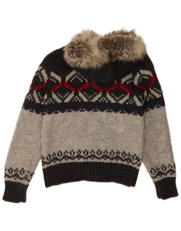 Benetton Womens Hooded Cardigan Sweater UK 10 Small Grey Fair Isle Acrylic