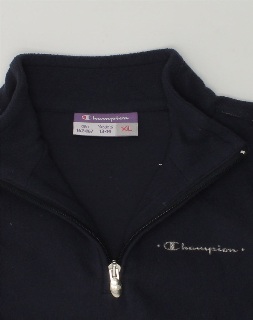 CHAMPION Girls Zip Neck Fleece Jumper 13-14 Years XL Navy Blue Polyester | Vintage Champion | Thrift | Second-Hand Champion | Used Clothing | Messina Hembry 