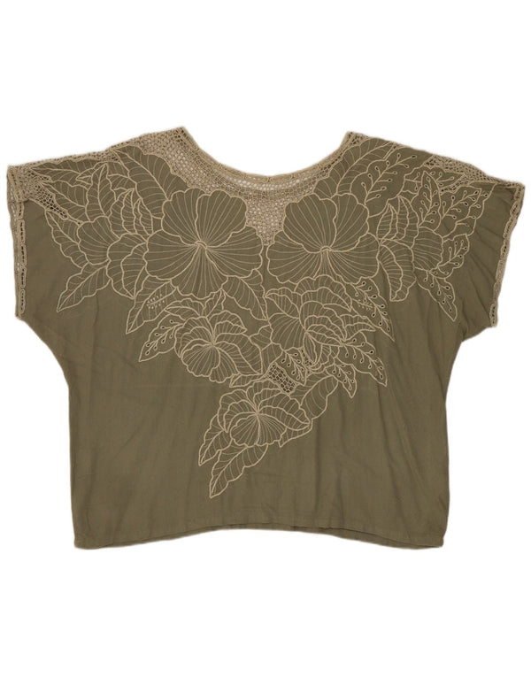 Vintage Womens Blouse Top UK 16 Large Khaki Floral Rayon
