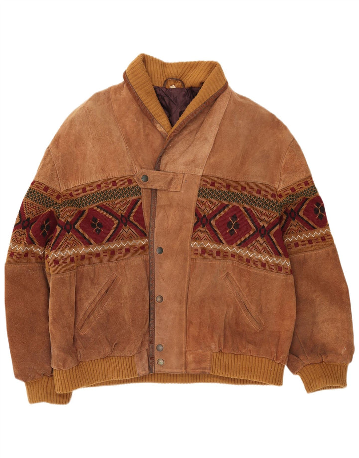Vintage Mens Suede Bomber Jacket UK 42 XL Brown Geometric