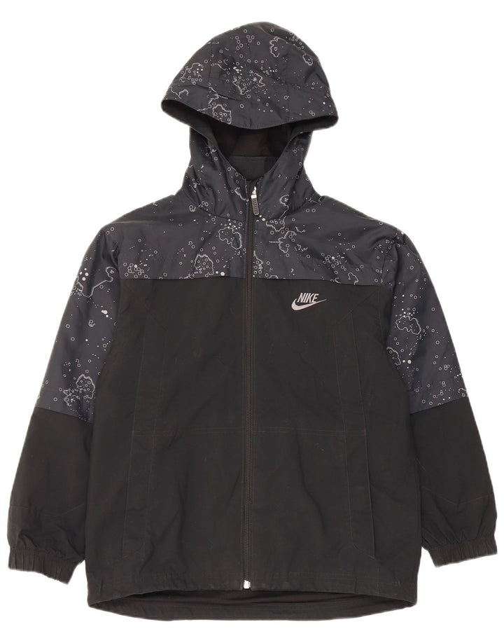 Nike Boys Abstract Pattern Hooded Rain Jacket 10-11 Years Medium Black