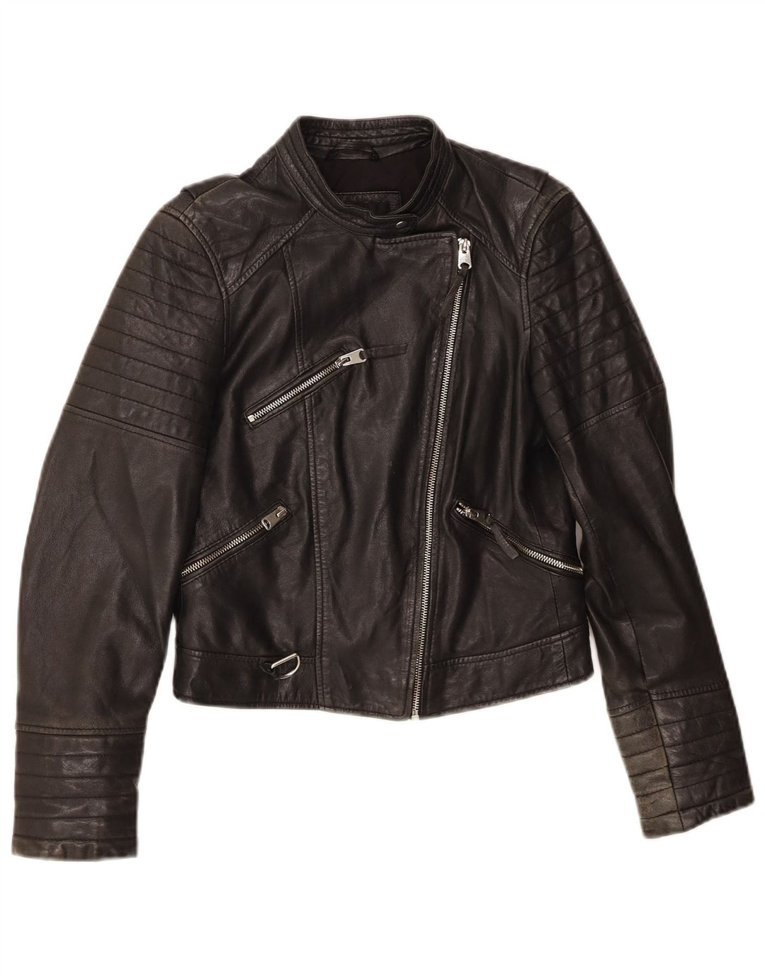 ZARA Womens Leather Biker Jacket UK 12 Medium Black Leather