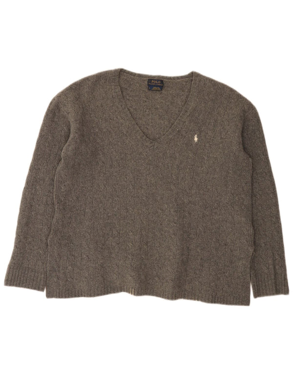 Polo Ralph Lauren Womens V-Neck Jumper Sweater UK 16 Large Grey Wool