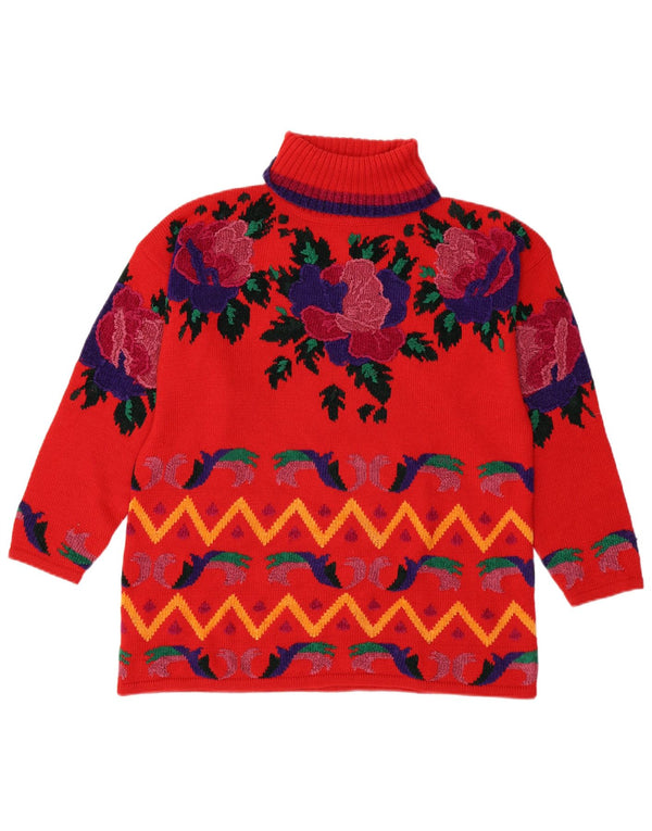 Vintage Womens Roll Neck Jumper Sweater UK 18 XL Red Floral Polyacrylic