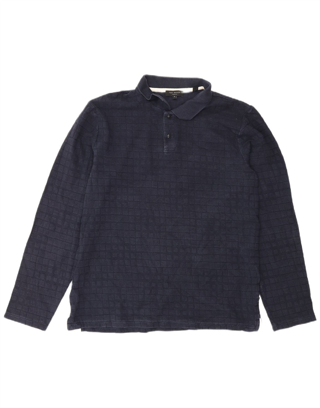 Ted Baker Mens Long Sleeve Polo Shirt Size 4 Large Navy Blue Check Cotton