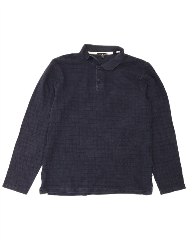 Ted Baker Mens Long Sleeve Polo Shirt Size 4 Large Navy Blue Check Cotton