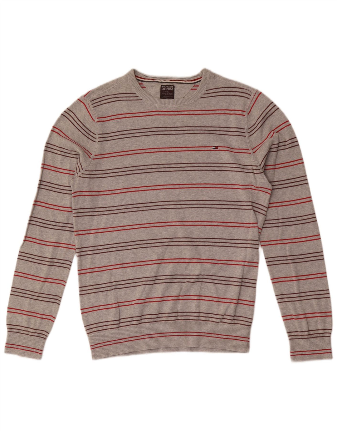 TOMMY HILFIGER Mens Crew Neck Jumper Sweater Medium Grey Striped Cotton