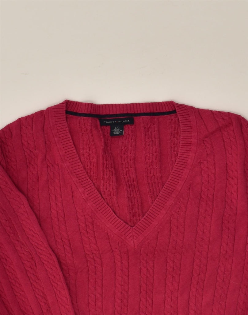 TOMMY HILFIGER Womens V-Neck Jumper Sweater UK 14 Large Red Cotton | Vintage Tommy Hilfiger | Thrift | Second-Hand Tommy Hilfiger | Used Clothing | Messina Hembry 